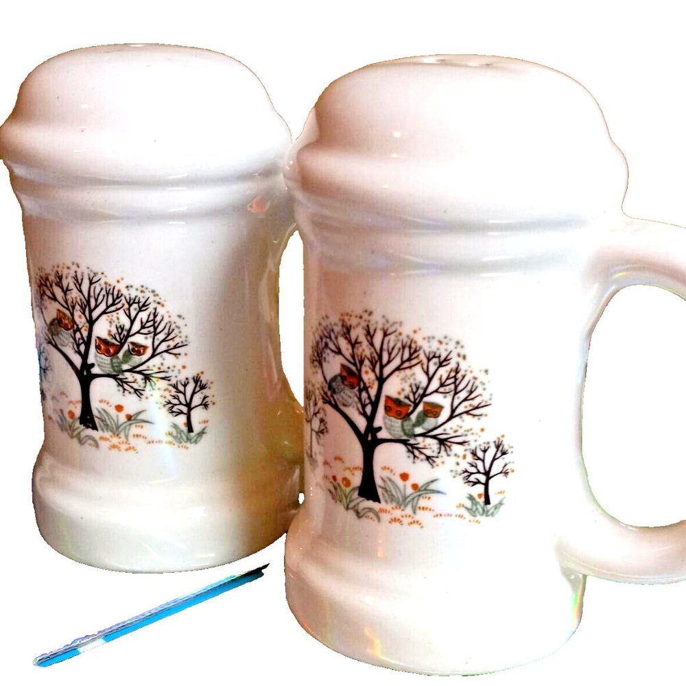 Salt & Pepper Shakers Owl & Tree yoshie 1940's Japanese kitchen dining vintage